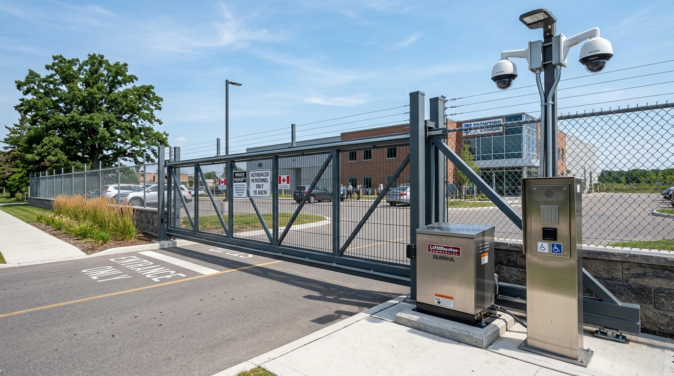 Commercial facility entrance with automated security gate and access control pedestal